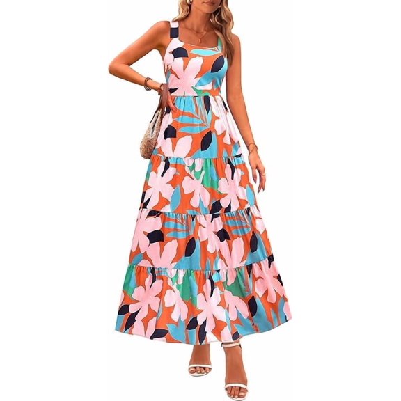 PRETTYGARDEN Women's Summer Floral Maxi Dress Sleeveless Smocked Ruffle Long Flowy Beach Vacation Boho Sundresses