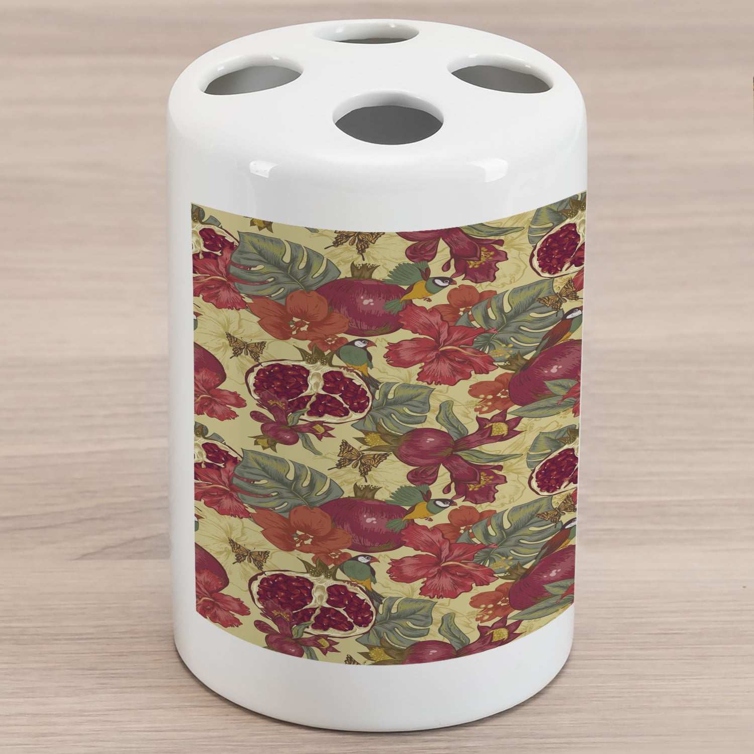 Vintage Ceramic Toothbrush Holder, Natural Tropical and Exotic Birds