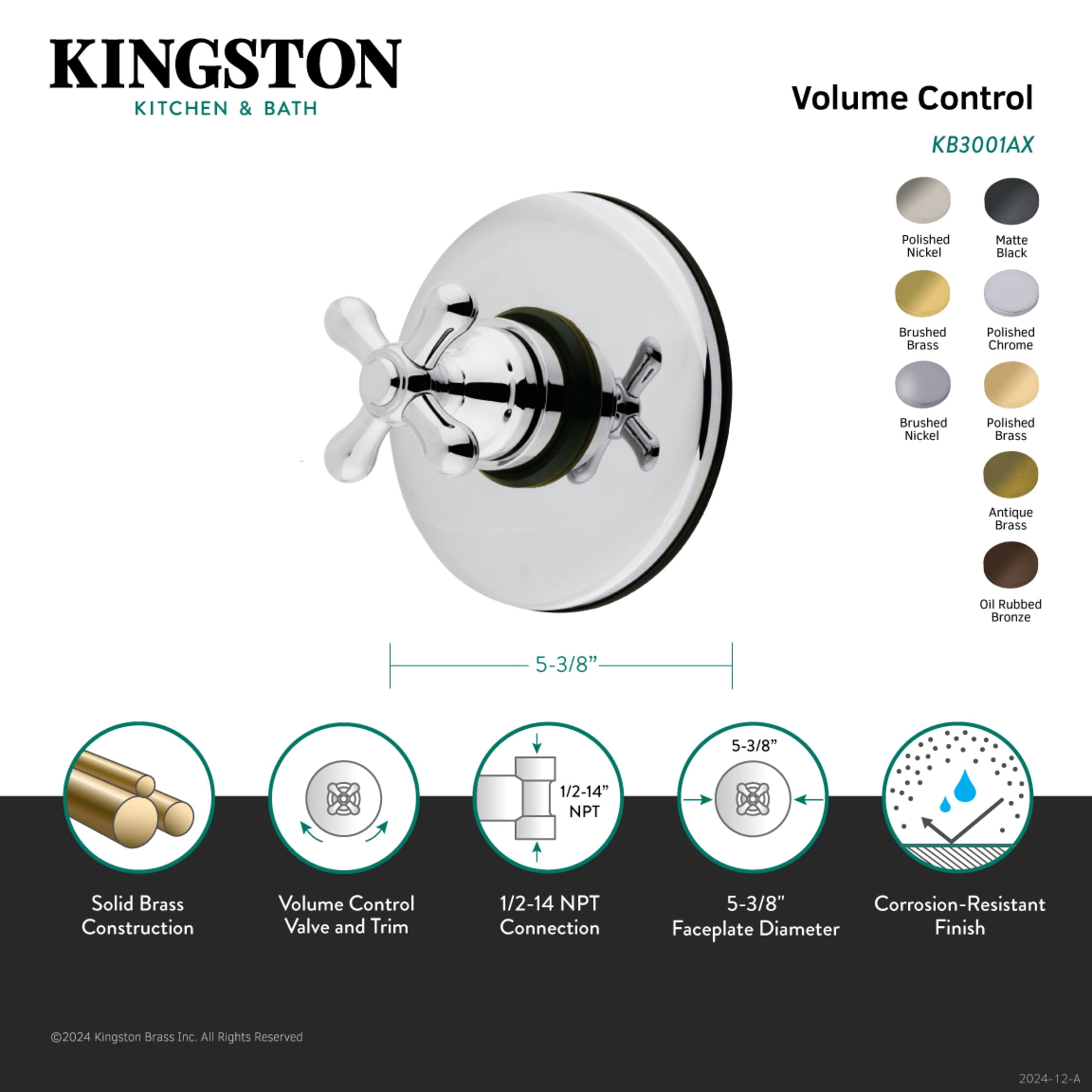Kingston Brass KB3000AX Vintage Volume Control, Matte Black