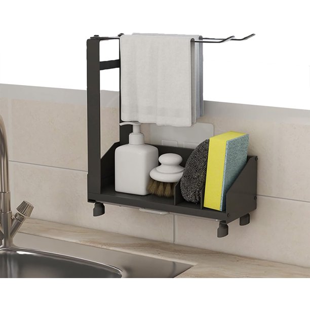 Soporte para esponja de fregadero, soporte para esponja con ventosa, almacenamiento para fregadero con toallero, bandeja extraíble, adhesivo y encimera, soporte para esponja de acero inoxidable,