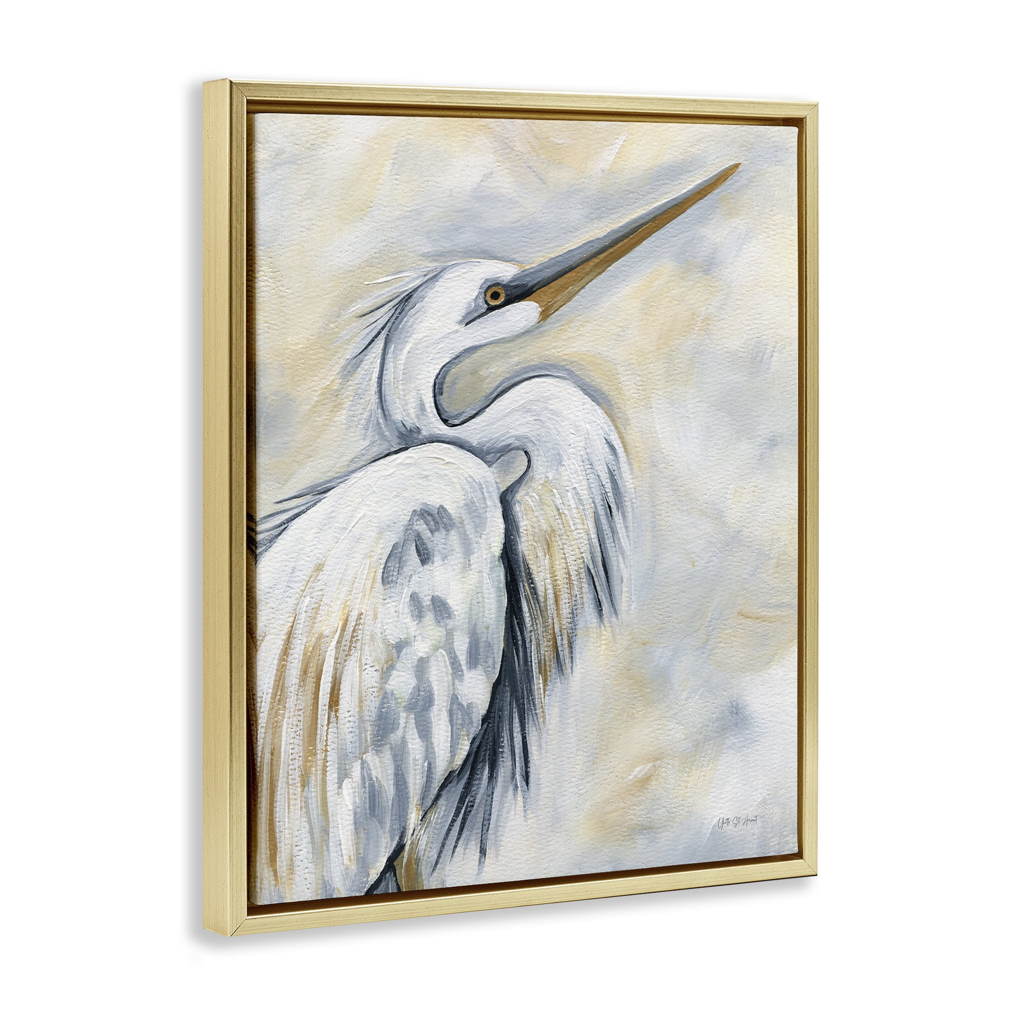 Stupell Industries Muted White Egret Animals & Insects Painting Gold Floater Framed Canvas Art Print Wall Art, 17 x 21