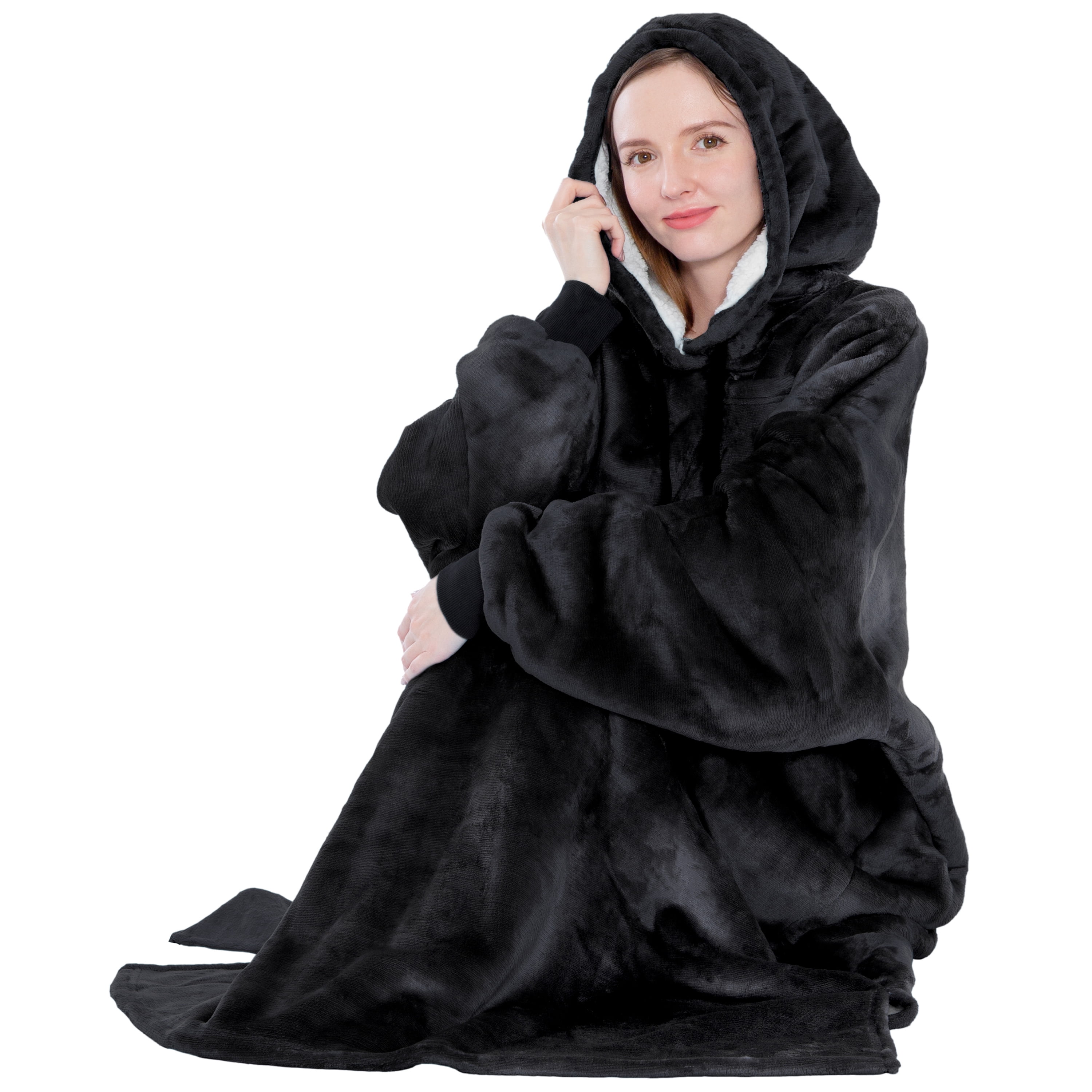 PAVILIA Blanket Hoodie for Women Black, Sherpa Wearable Blanket Men, Cozy Oversized Sweatshirt Blanket, Warm Fleece Hooded Blanket Sweater with Sleeves and Giant Pocket, Adult Long, Black