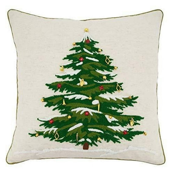 Fennco Styles Embroidered Christmas Tree 100% Cotton Decorative Throw Pillow 18" W x 18" L – Natural Holiday Cushion for Christmas, Home, Couch, Bedroom, Living Room and Office