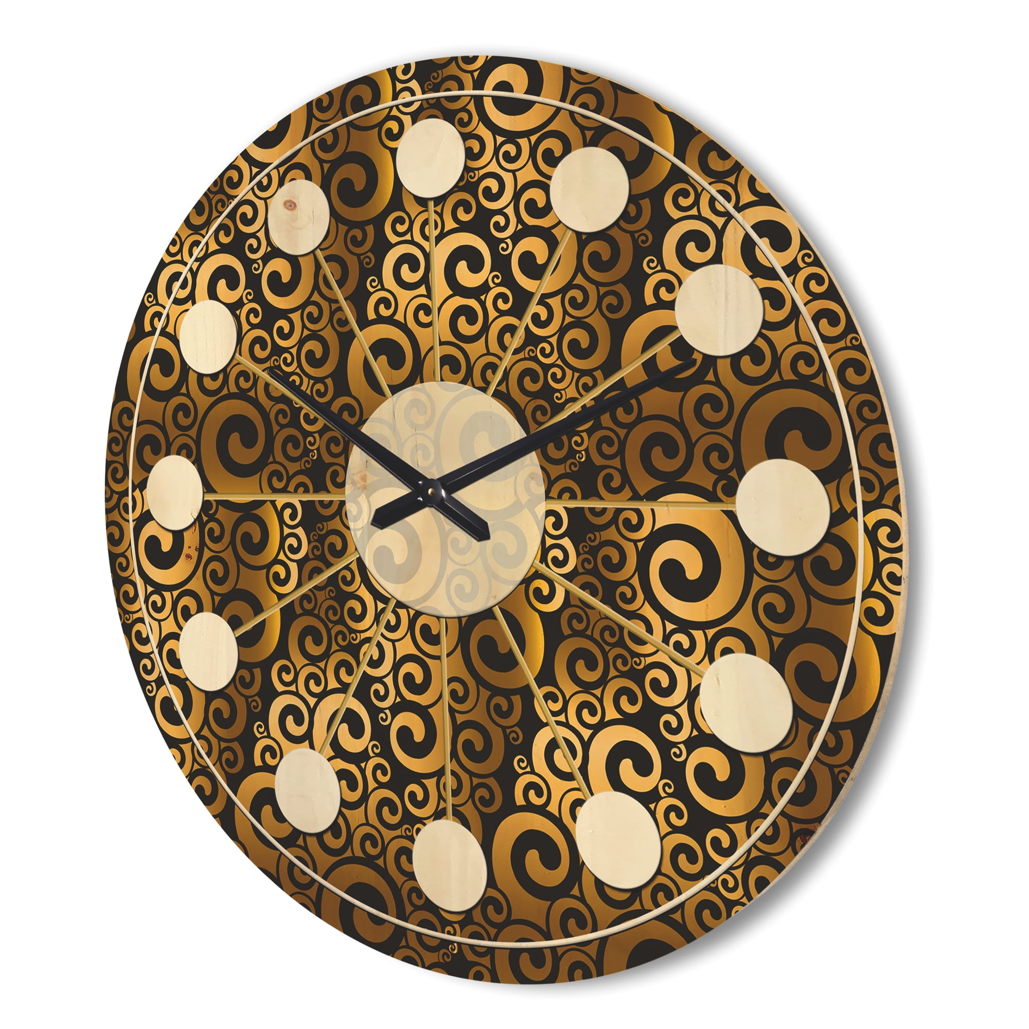 Designart 'Black and Gold Swirl I' Mid-Century Modern Wood Wall Clock