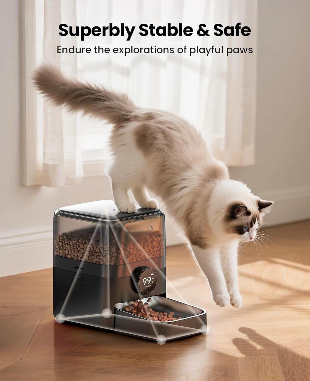 Automatic Cat Feeder, WiFi Rechargeable 100-Day Battery Operated Pet Feeder, 12 Cups/3L Dry Food Dispenser for Large Kibble, Smart App Control (Black)