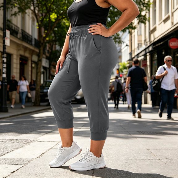 Utoimkio Women's Plus Size Drawstring Elastic High Waist Capri Jogger Pants,Cuffed Ankle Cropped Sweat Joggers with Side Pockets for Workout & Daily Casual Wear
