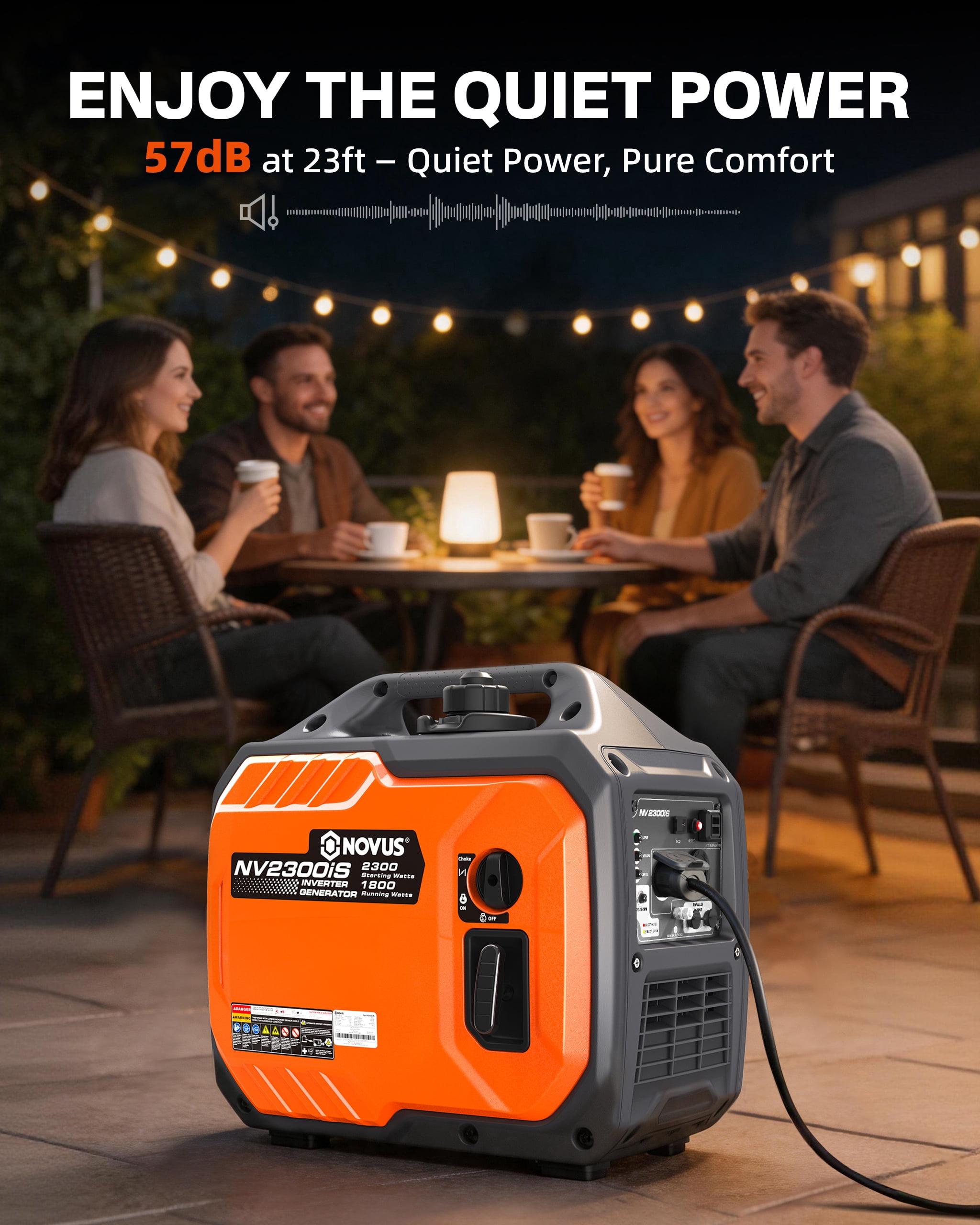 NOVUS 2300-Watt Portable Inverter Generator, Gas Powered, Quiet & Lightweight, RV Ready, CO Sensor, Parallel Capable, for Emergency, Camping