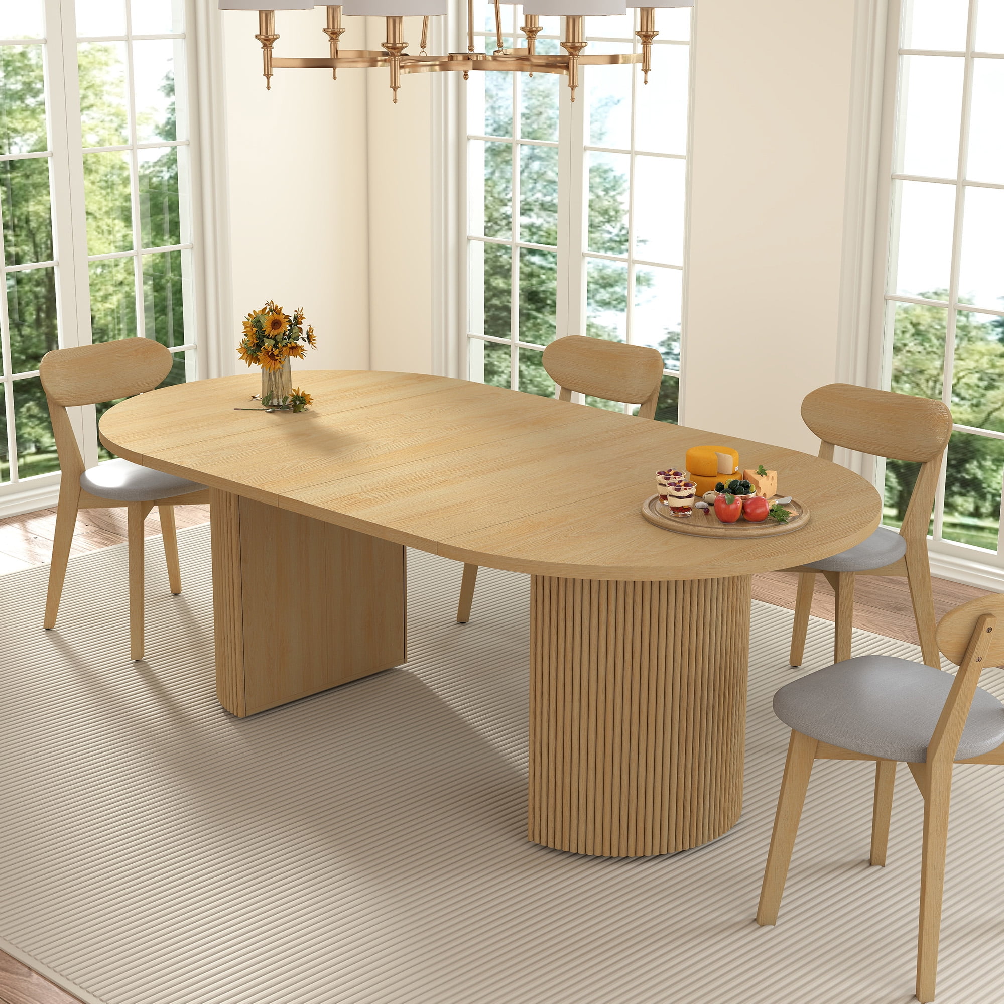 Weselon 78" Extendable Dining Table for 6-8, Modern Oval Kitchen Table with Roman Column Table Leg, Large Oval Solid Wood Table, Dining Room Table,Oak