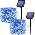 thumbnail image 1 of Guirnaldas de luces solares para exteriores, [paquete de 2] 2×10M 120 LED Guirnaldas de luces solares 8 modos Cadena de luces decorativas de alambre de cobre impermeable para jardín, 1 of 5