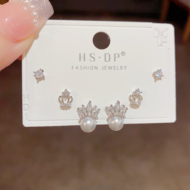 Pendientes cortos con microincrustaciones de circonitas y aguja de plata S925, pendientes de pelo corto, pendientes elegantes japoneses y coreanos de tres piezas, sencillos y combinables para mujer