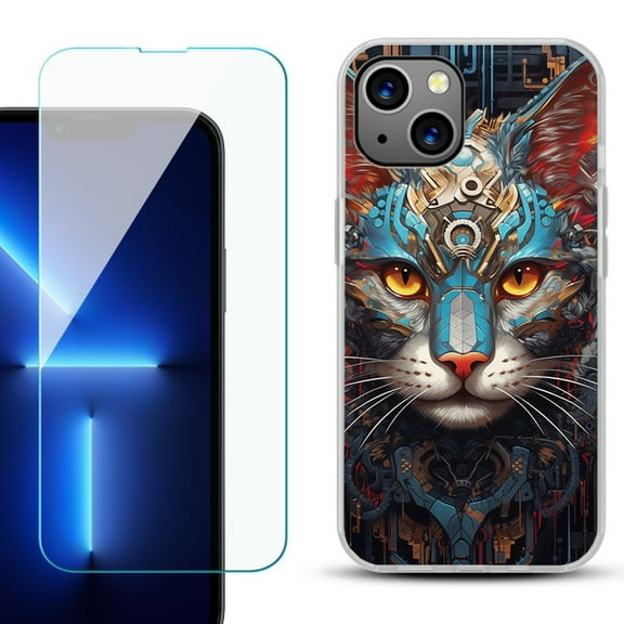 Slim-Fit TPU Phone Case for iPhone 14 Plus, with Tempered Glass Screen Protector, by OneToughShield ® - Cyberpunk Cat