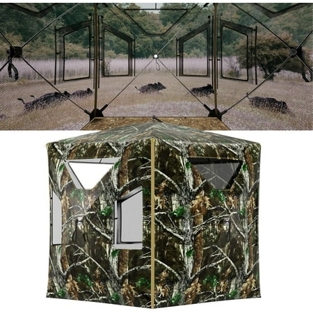 HPDMC 2-3 Person Pop Up Hunting Blind 270 Degree One-Way See Through Ground Blind with Silent-Slide Windows Portable Hub Style Deer Hunting Tent Waterproof & Windproof Camo