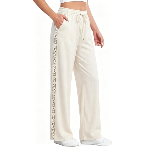 Linen Pants Women Breathable Drawstring Elastic Waist Capri Pants with Lace Side Summer Casual Beach Trousers White XL(XL)