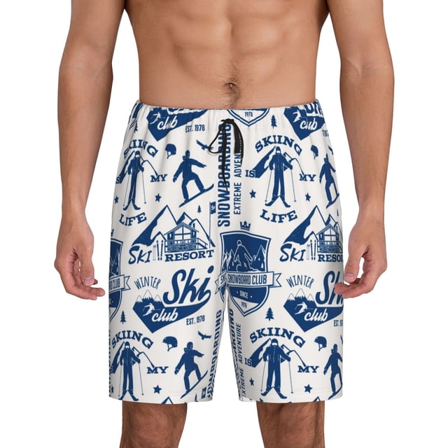 Balery Skiing Enthusiast Pantalones cortos de pijama de punto de algodón para hombre con cinturilla y bolsillos-3X-Large