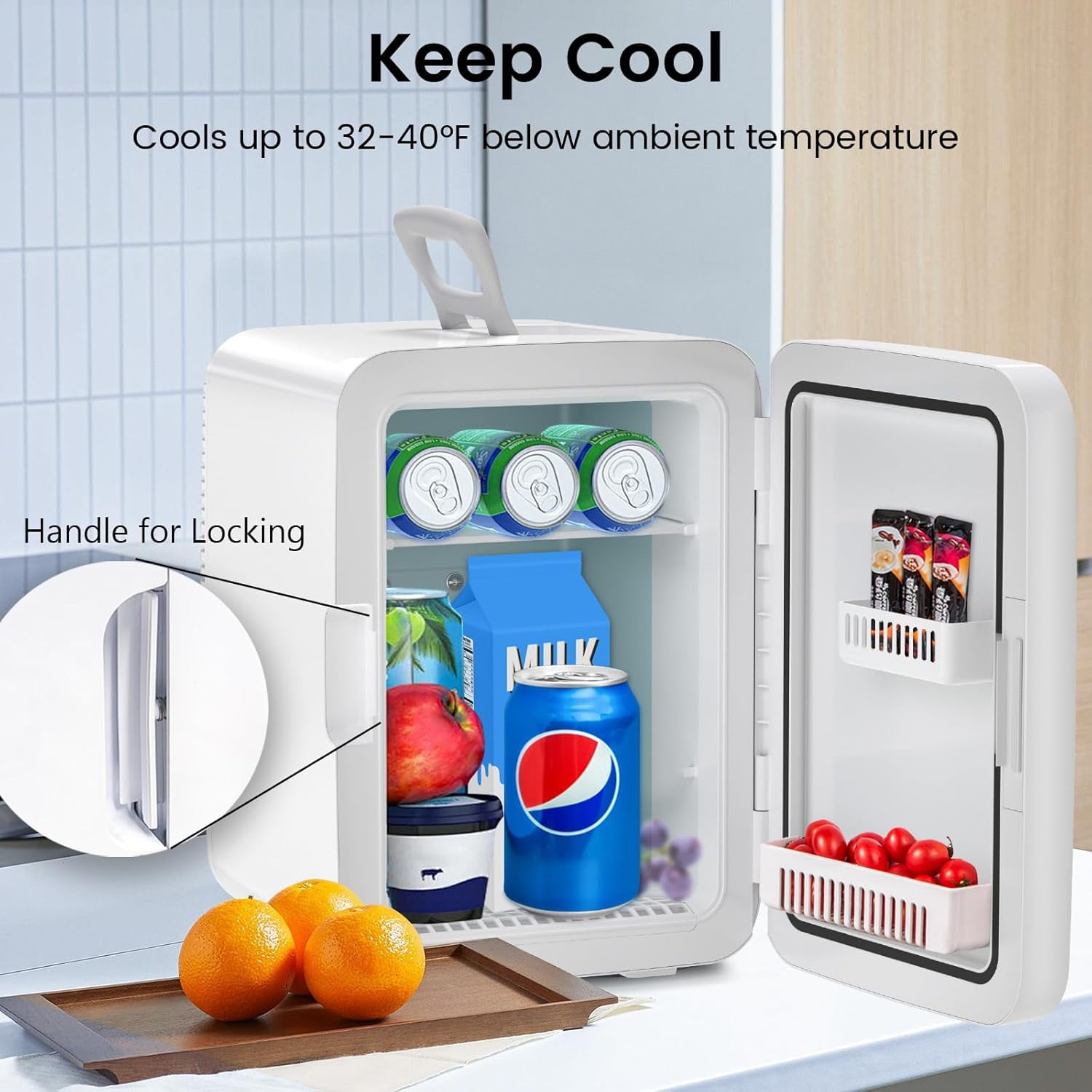 WAA Portable 2.6 Gal Mini Fridge with AC/DC Adapters 10 Liter Cosmetics Cooler for Beverage Food Skincare,White (Bedroom/Office/Car)