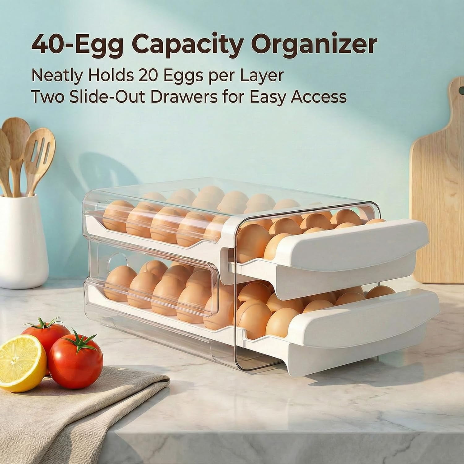 Double Layer Egg Storage Container - 40 Grid Transparent Plastic Egg Tray Holder for Refrigerator