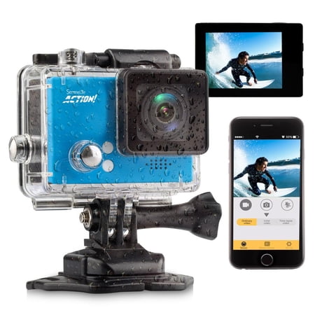SereneLife Compact Action Cam - 4K Ultra HD Wi-Fi Camera with Slow-Mo Recording (Blue)