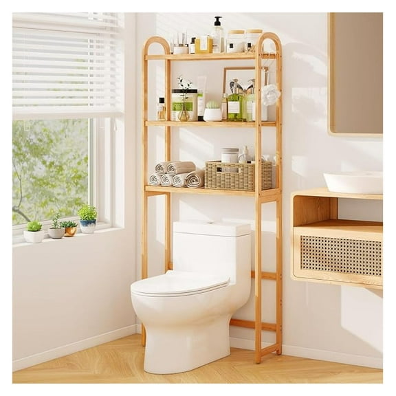 YQJIAJU Over The Toilet Storage Cabinet, 3-Tier Bamboo Bathroom Shelves Over Toilet w/3 , Adjustable Shelves & Waterproof Feet Pad, Over Toilet Bathroom Organizer for Laundry, Balcony, Restroom