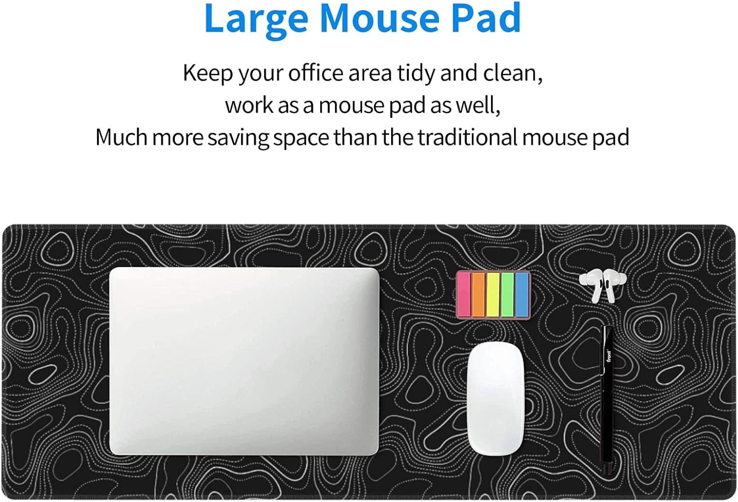 Topographic Mouse Pad Large Gaming XL Black and White Geographic Map Lines Contour Desk Mat Extend Long Mousepad for Computer Laptop Office Non-Slip Rubber Stitched Edges 31.5 x 11.8 Inch