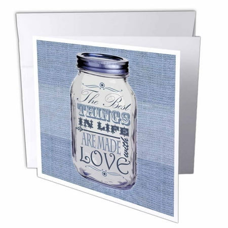 3dRose Mason Jar on Burlap Print Blue - The Best Things in Life are Made with Love - Gifts for the Cook, Greeting Cards, 6 x 6 inches, set of
