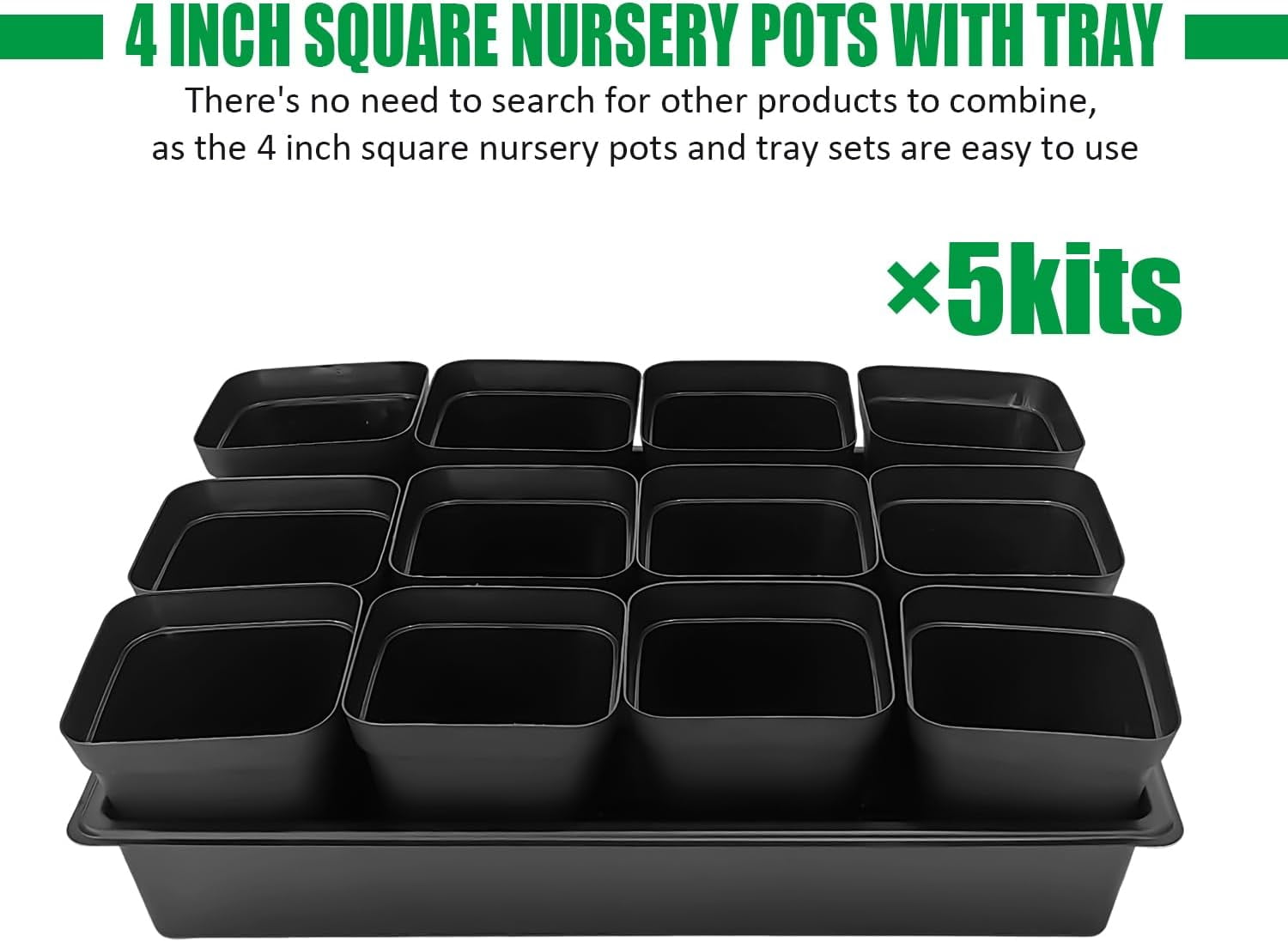 4 inch (10CM) Square Nursery Pots 60pcs, Sturdy Seedlings Trays 5 Pcs, Seeds Starter Germination Tray, Microgreening Planter Propagation Sets