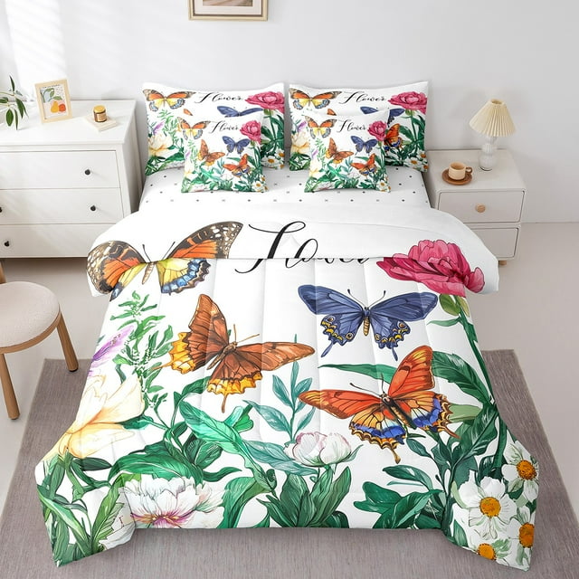 YST 7 Piece Butterfly Comforter Set Full Size, Rustic Flower Bed In A Bag Floral Country Bedding Set Branches Pastoral Style Sheet Set With Pillow Cases For Kids Teens Adult, Green White