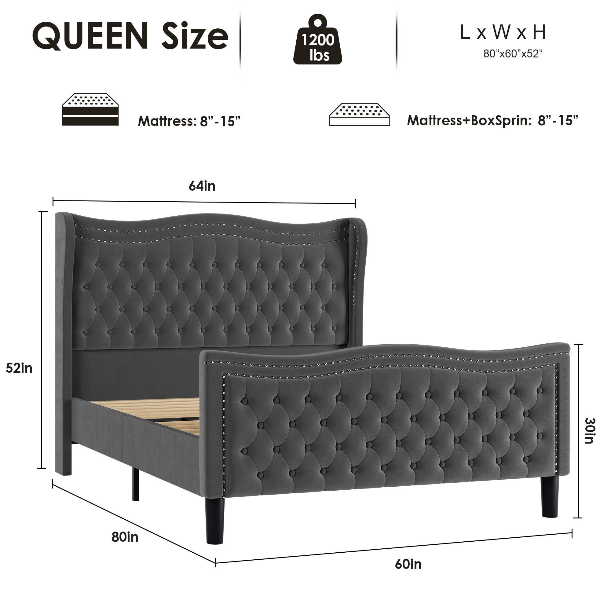 BSHTI Upholstered Queen Size Bed Frame – Diamond Tufted Wingback Headboard, No Box Spring Needed（Grey）