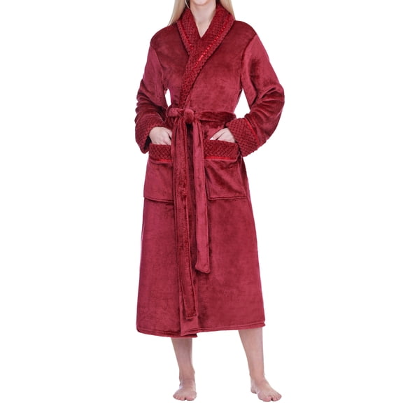 PAVILIA Plush Fleece Robe for Women, Soft Cozy Long Bathrobe with Satin Waffle Trim, Warm Lightweight Spa Robe, Housecoat with Pockets & Tie Belt, Burgundy Red, L/XL