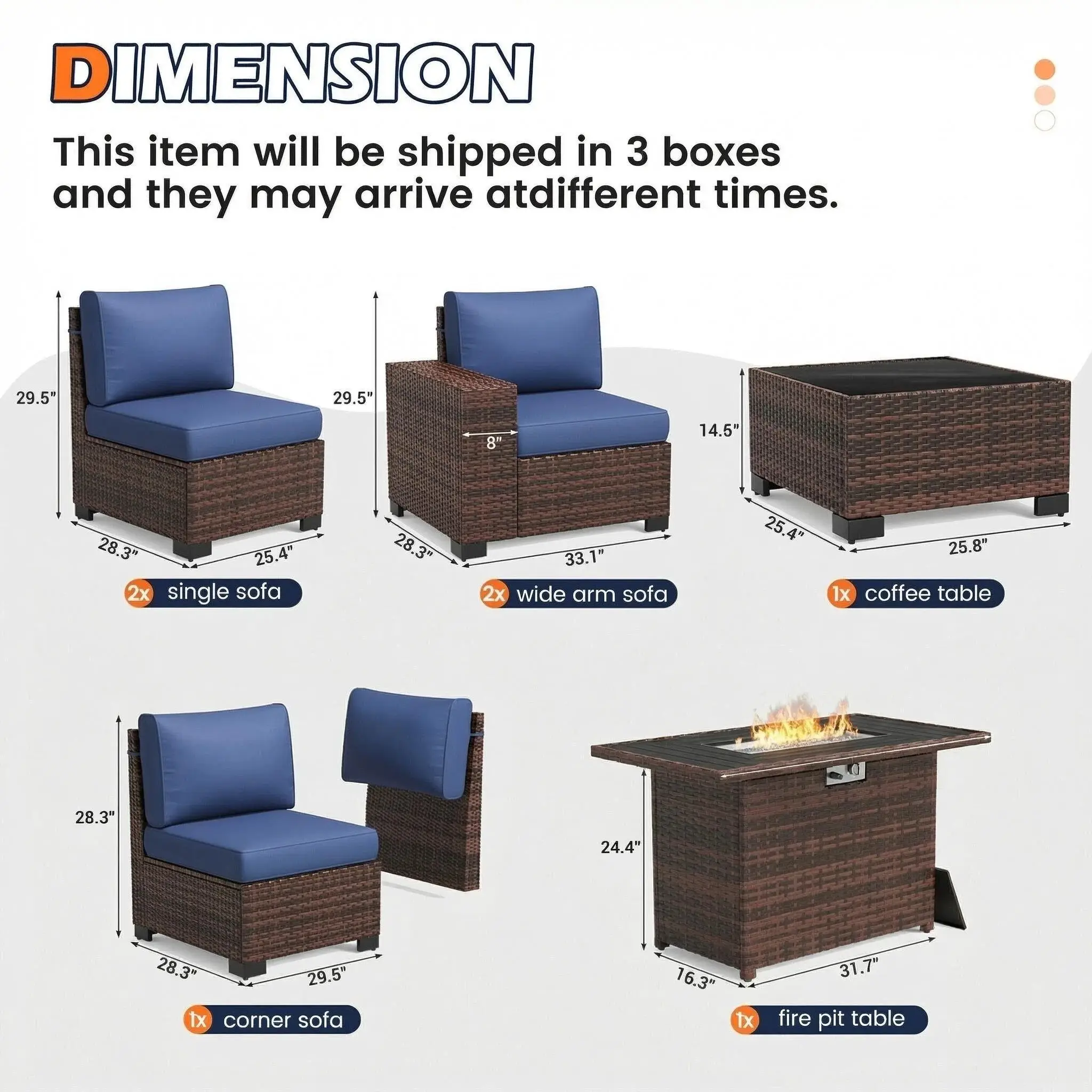 UDPATIO Patio Furniture Set with Fire Pit Table, Outdoor Patio Sofa Set With Wide Armrest, All-Weather Wicker Rattan Guest Set With Cushion And Glass Table And Waterproof Cover, Brown&Navy Blue