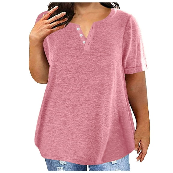 cfhntfmh Plus Size Tops for Women Lounge Round Neck Buttons Loose T-Shirts Oversized Short Sleeve Summer Comfy Blouses