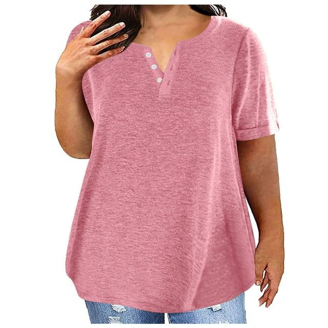 Timegard Hauts pour Femmes Grande Taille Manches Courtes Col en V Échancré à Boutons T-Shirts Confortables Décontractés Amples