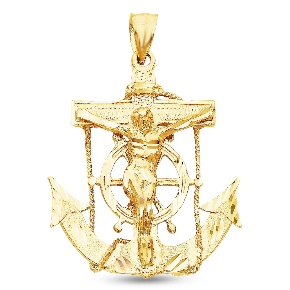 14K Yellow Gold Diamond-Cut Ornate Religious Mariner Anchor Catholic ...