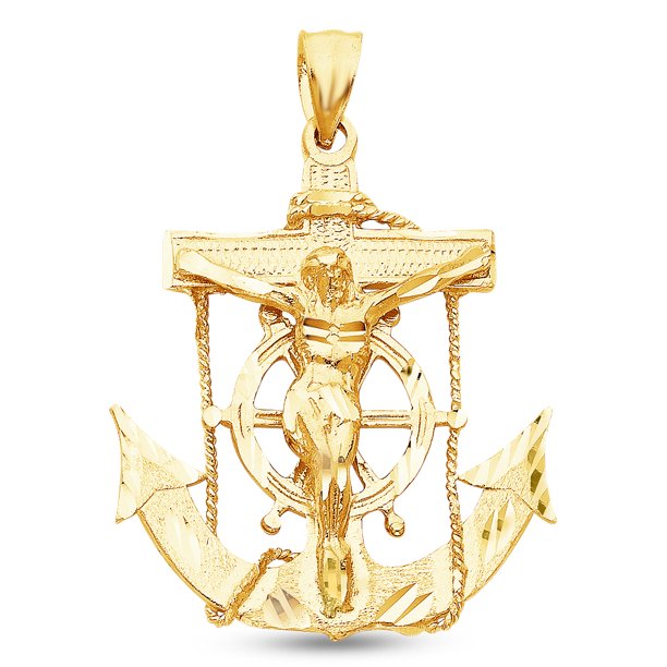 14K Yellow Gold DiamondCut Ornate Religious Mariner Anchor Catholic