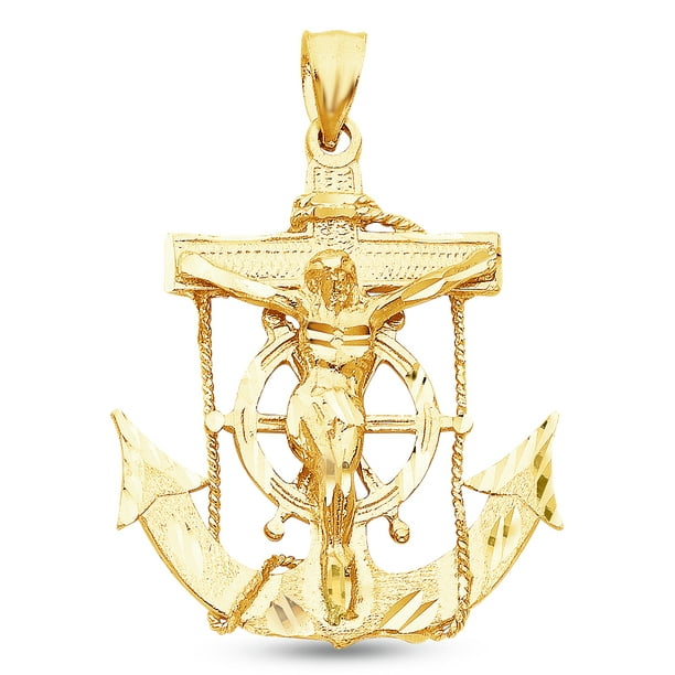 AA Jewels - 14K Yellow Gold Diamond-Cut Ornate Religious Mariner Anchor ...