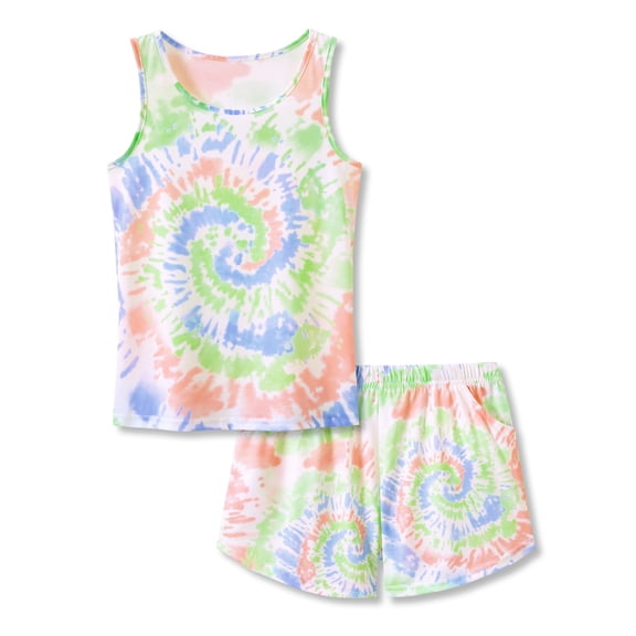 Topgal Summer Pajamas for Girls Tie Dye Green & Orange Swirl Tank Top & Shorts PJ Set Lovely Jammies Size 18
