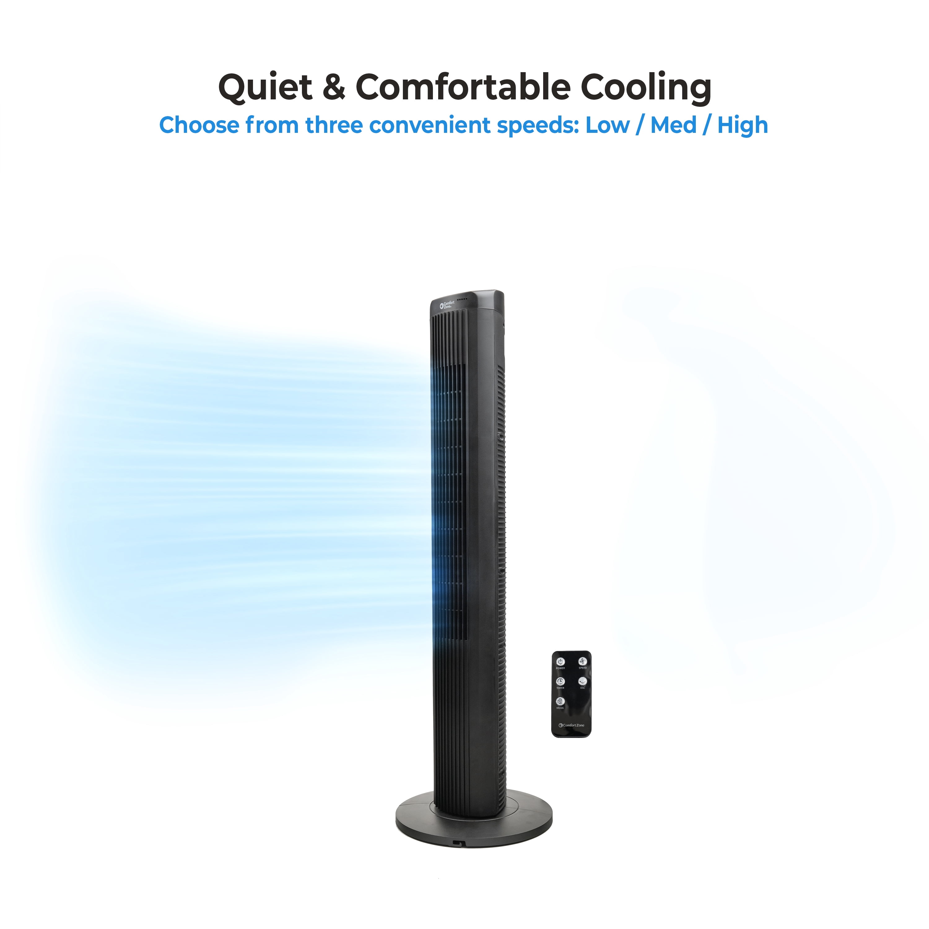 Comfort Zone 40" Tower Fan with Remote Control, 15H Timer, Black