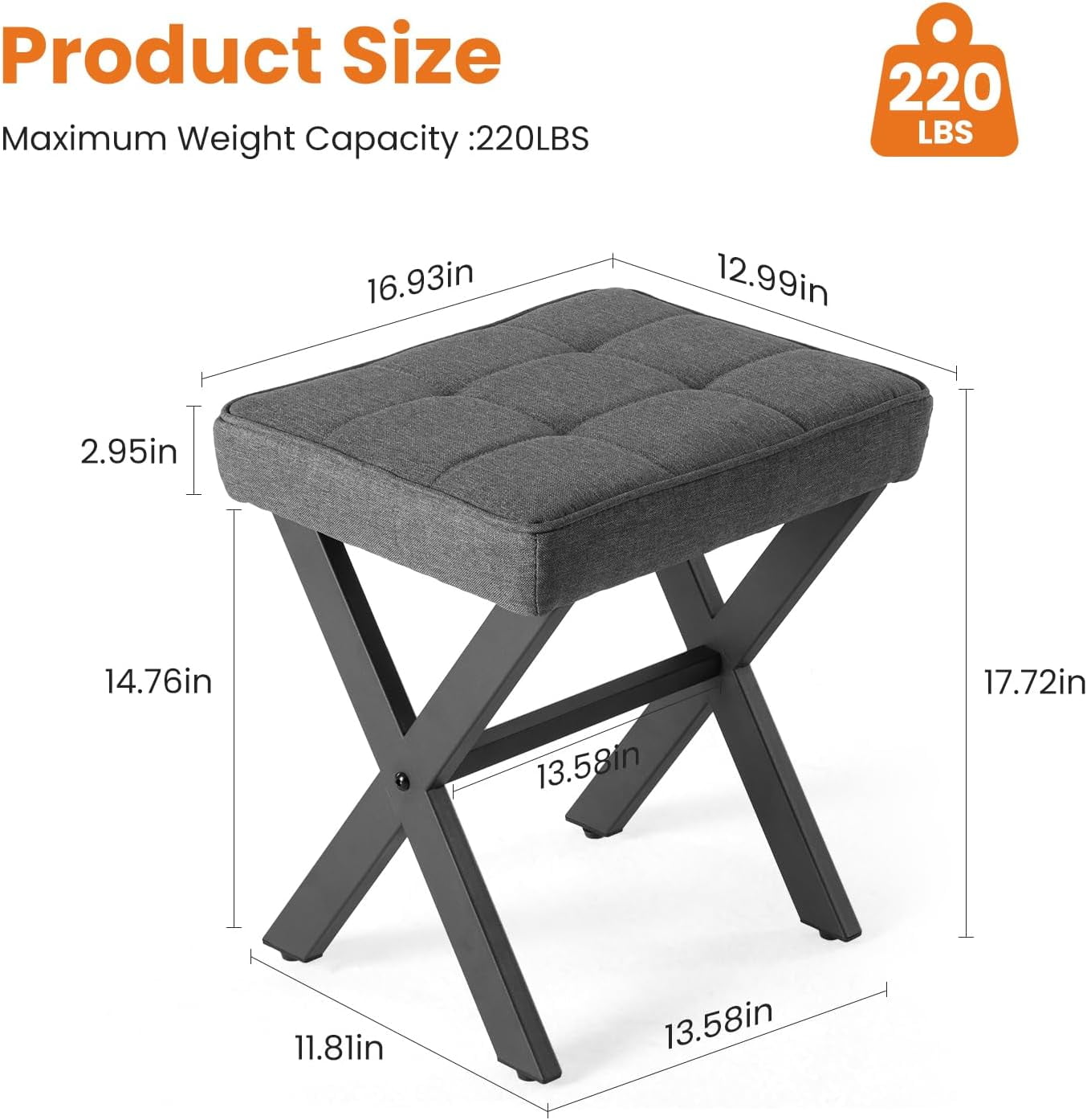 Linen Ottoman, 18" Makeup Vanity Stool, Small Square Padded Footrest for Bedroom, Living Room,Gray