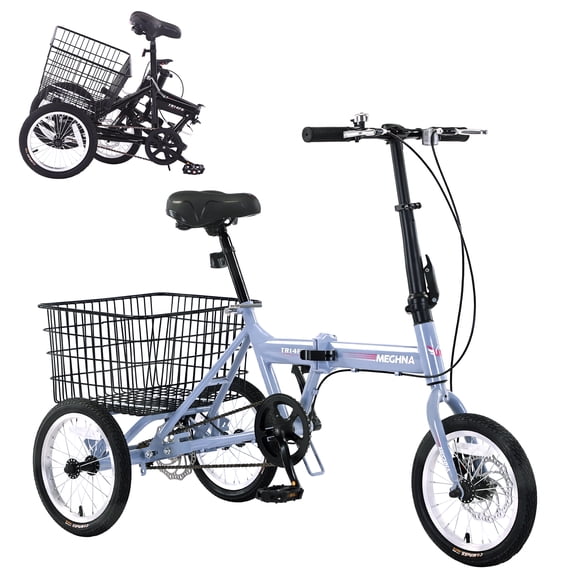 14" Folding Adult Tricycle, 3-Wheel Bike with Rear Basket,Blue