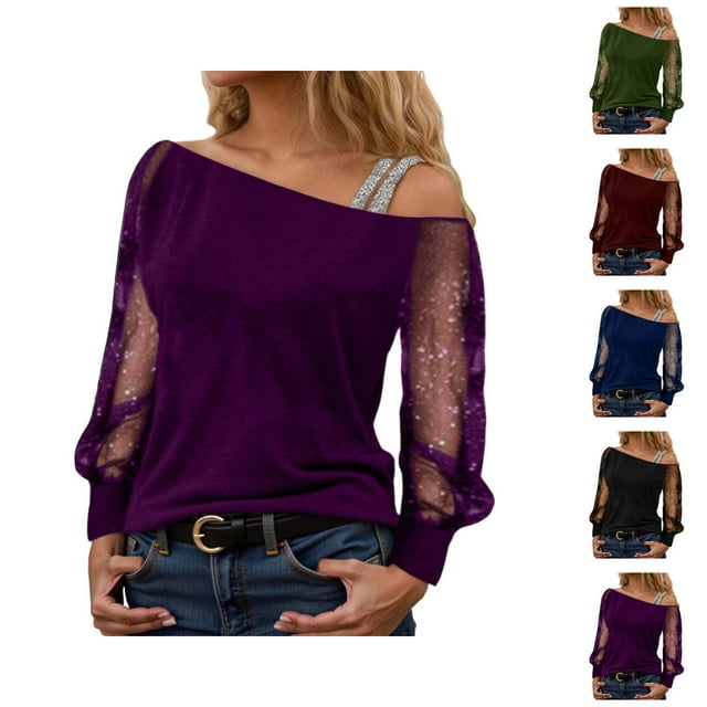 Sparkly Tops for Women 2026 Spring Fashionable Y2K Long Sleeve Off Shoulder Mesh T Shirts Going out Top Rave Outfits