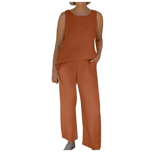 Mlqidk Women Linen Sets 2 Piece Summer Outfits Sleeveless Crop Tank Top ...