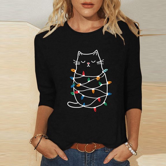 LEKWK Christmas Character Shirts for Women Xmas Cats Crew Neck 3/4 Sleeve Tops Gnome Christmas Shirts for Women Tropical Christmas Shirts for Women
