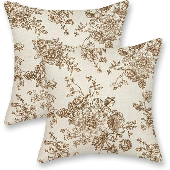 Brown Pillow Covers 18x18 Inch 2 Pcs Tan Vintage Floral Decor Throw Pillows Fall Chinoiserie Flower Leaves Plant Seasonal Outdoor Decoration Pillowcase Linen Cushion Cover for Couch Sofa Bed