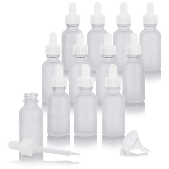 1 oz Frosted Clear Glass Boston Round with White Dropper (12 pack) + Funnel