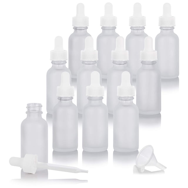 1 oz Frosted Clear Glass Boston Round with White Dropper (12 pack) + Funnel