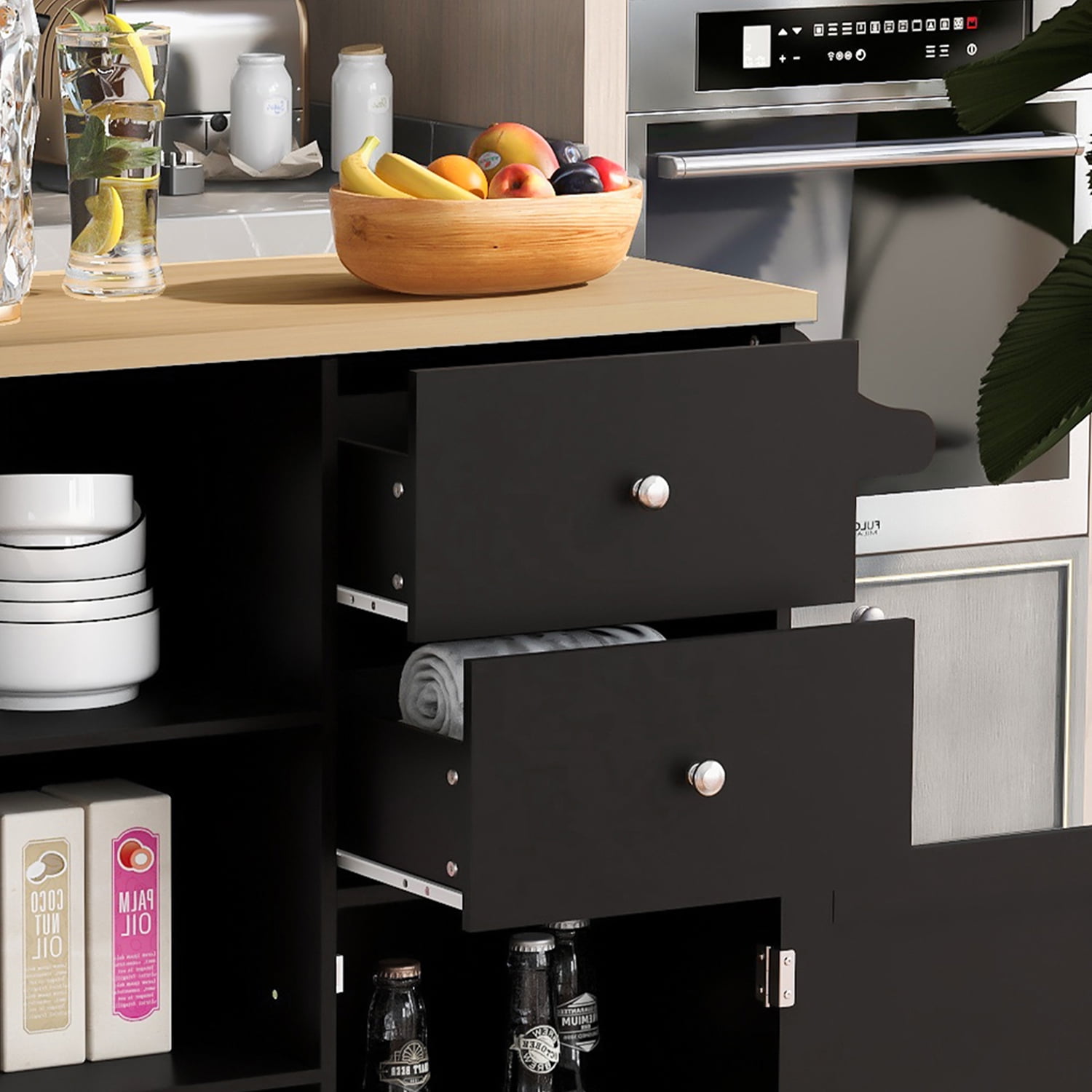 Kepooman Rubber Wood Kitchen Cart with Locking Wheels & 3 Open Shelves, Towel Rack, Kitchen Trolley for Indoor Spaces in Black Kepooman Rubber Wood Kitchen Cart with Locking Wheels & 3 Open Shelves, Towel Rack, Kitchen Trolley for Indoor Spaces in Black