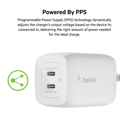 Belkin - 65W Dual USB-C Wall Charger, Fast Charging Power Delivery 3.0 with GaN Technology for Apple iPhone and Samsung - White