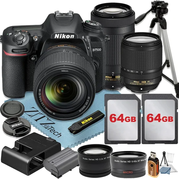 Nikon D7500 Appareil Photo Reflex Numérique avec Objectif 18-140mm + 70-300mm + 2 Pcs Cartes Mémoire SanDisk 64 Go + Trépied + Grand-Angle + Ensemble d'Accessoires ZeeTech