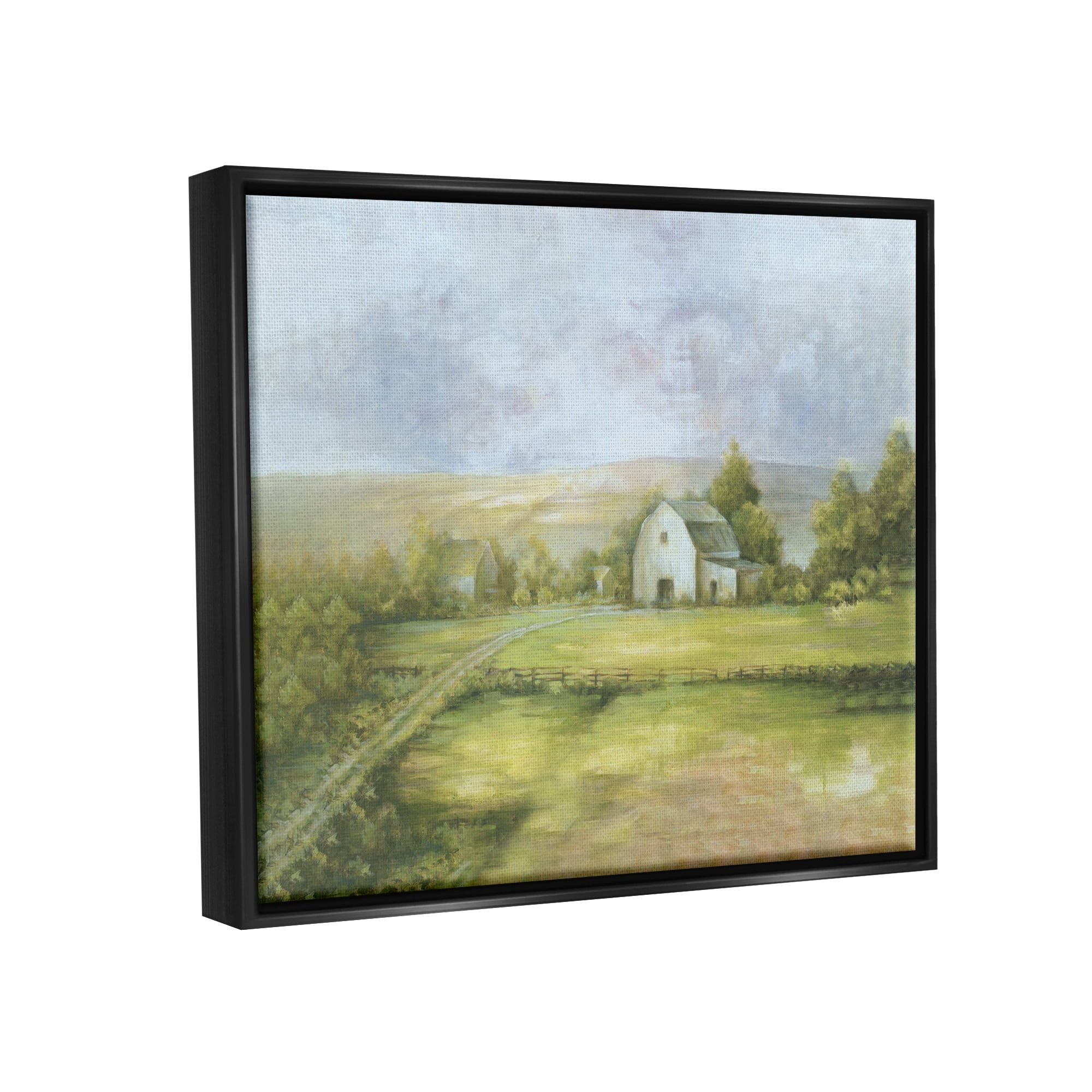 Stupell Industries Distant White Barn Vast Rural Farmland Fields Painting Jet Black Floating Framed Canvas Print Wall Art, Design by White Ladder