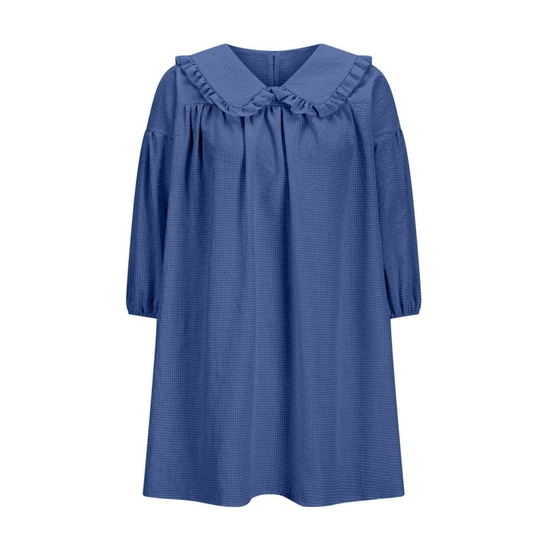 Women's Cotton T Shirt Dresses Women's 3/4 Puff Sleeve Plaid Mini Dress  Lapel Doll Collar Loose Dress Blue S - Walmart.com