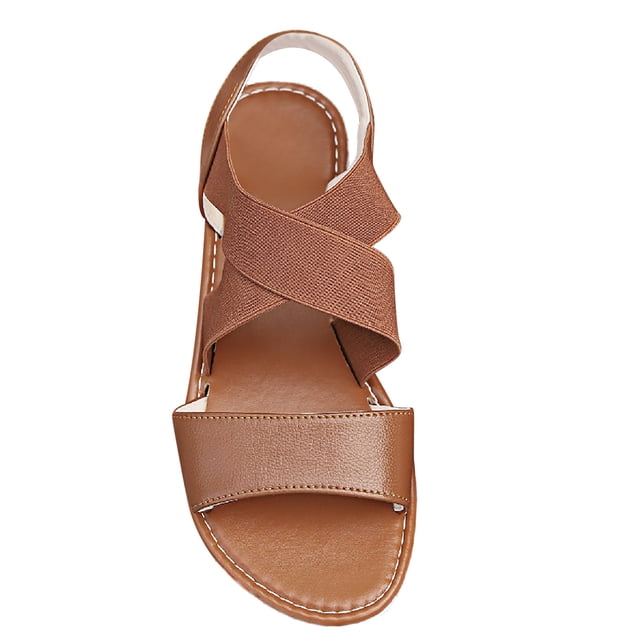 Womens Flat Sandals Open Toe Slip on Double Cross Elastic Straps Solid Color Simple Non Slip Breathable Lightweight Casual Fashion Summer Leather Sandals Brown